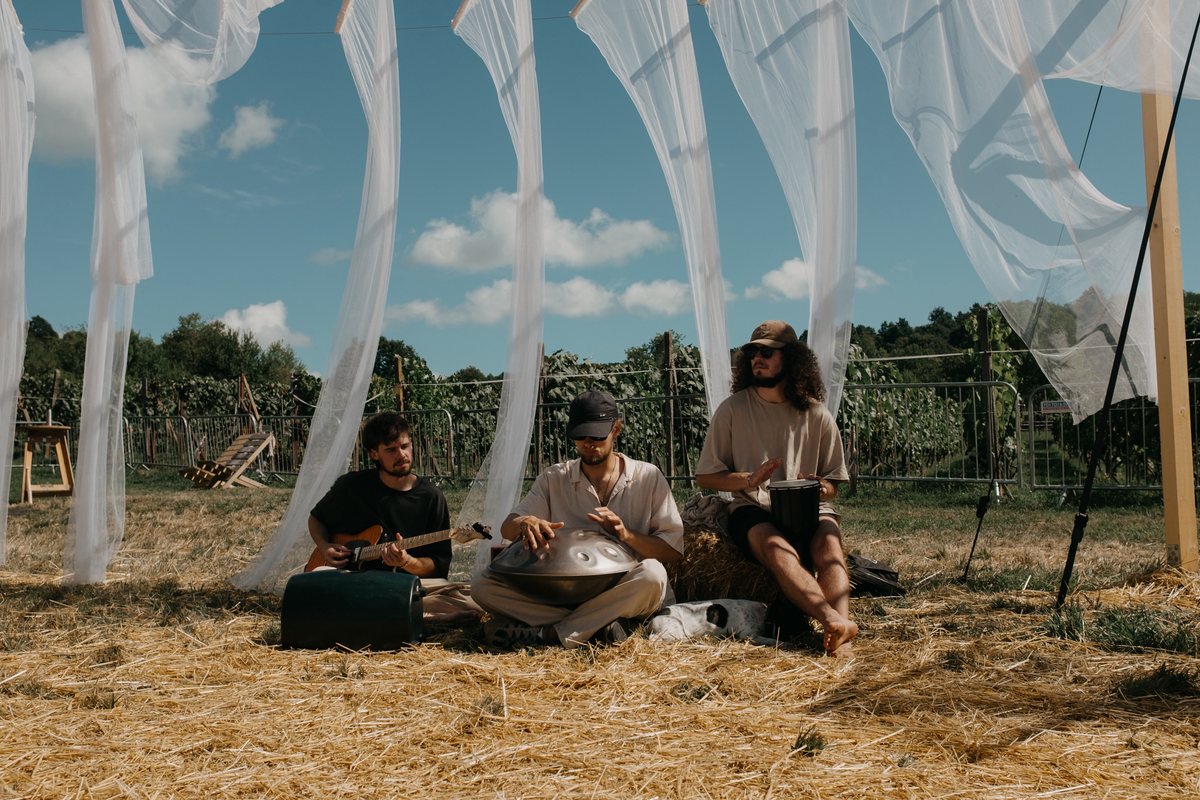 OMEA trio performing outdoors among vineyard drapes